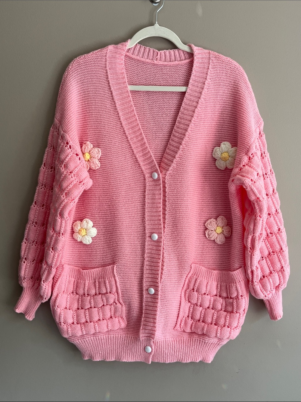 SHEIN 3D Floral Patch V Neck Button Down Cardigan Pink Sweater size 1X - Picture 1 of 14